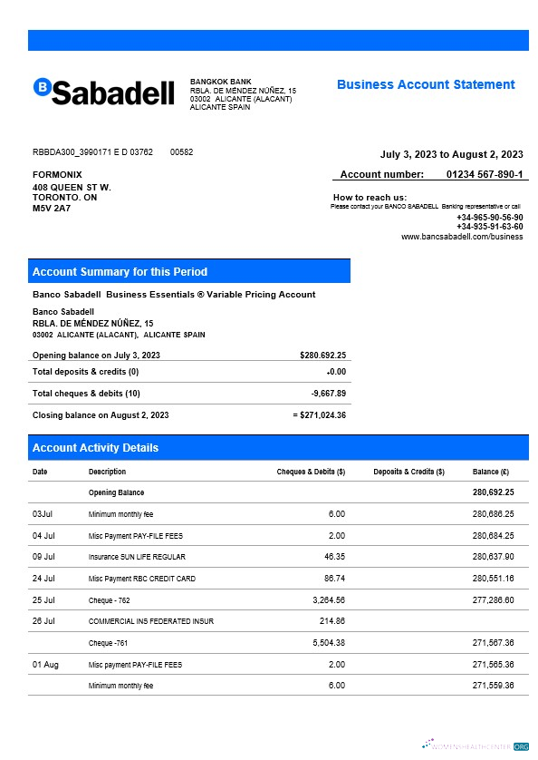 Download BANCO Sabadell firm statement Word and PDF template Photoshop template